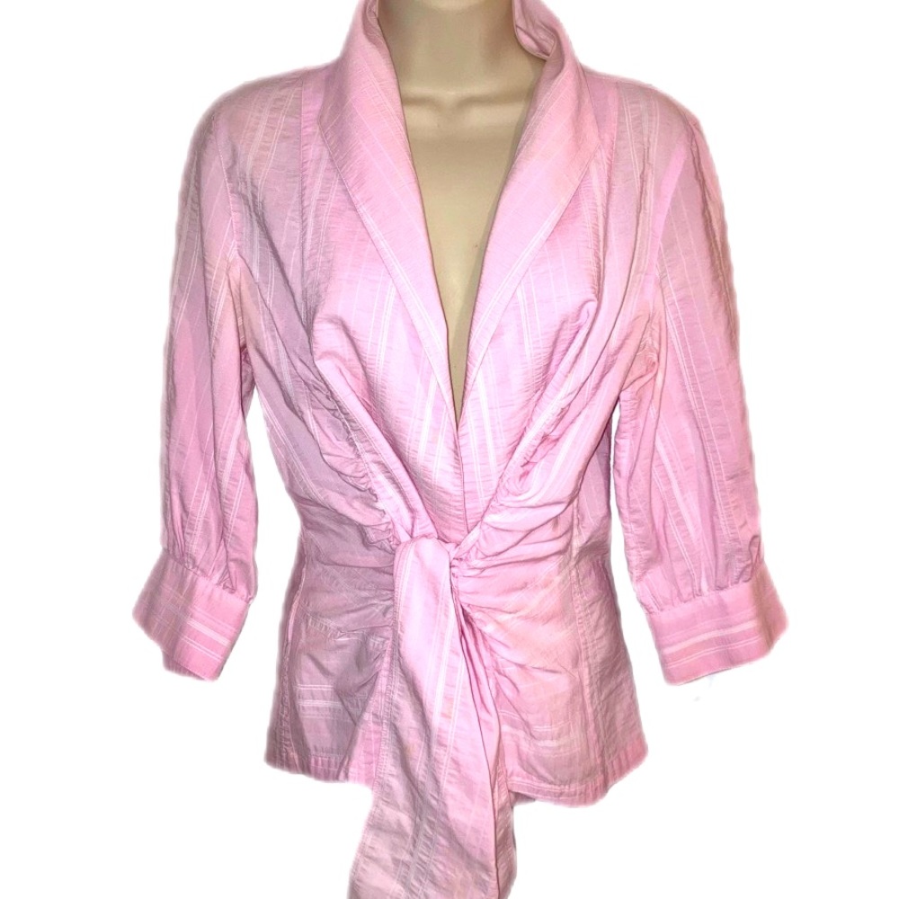 Pink blouse with shawl collar, deep neck line, sash tie waist; 8